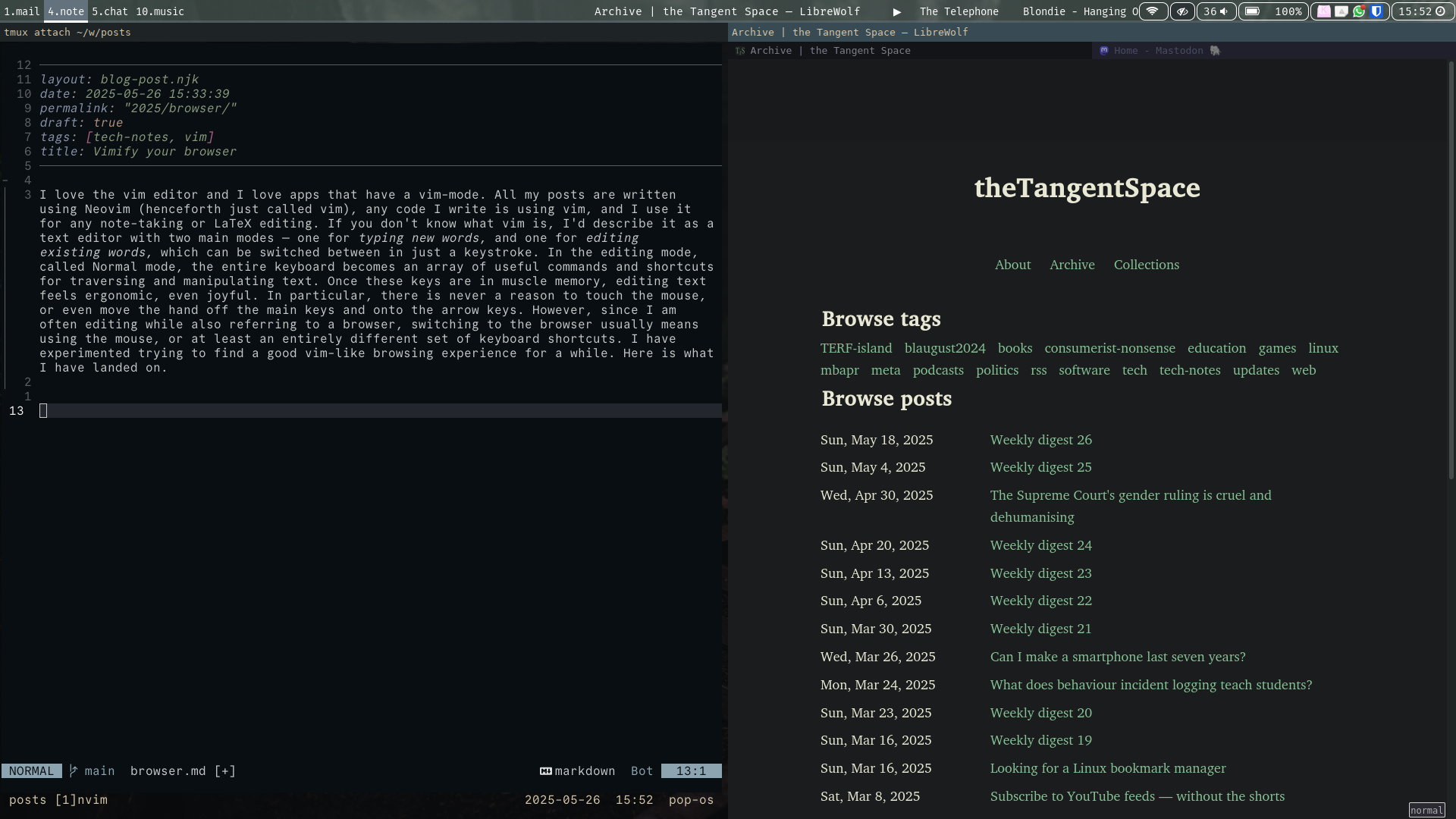 Screenshot showing a sway desktop with vim on the left tile and a highly customised Firefox window on the right