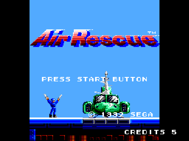 The Air Rescue title screen, featuring the game's logo, and a front-view of a helicopter on the helipad.