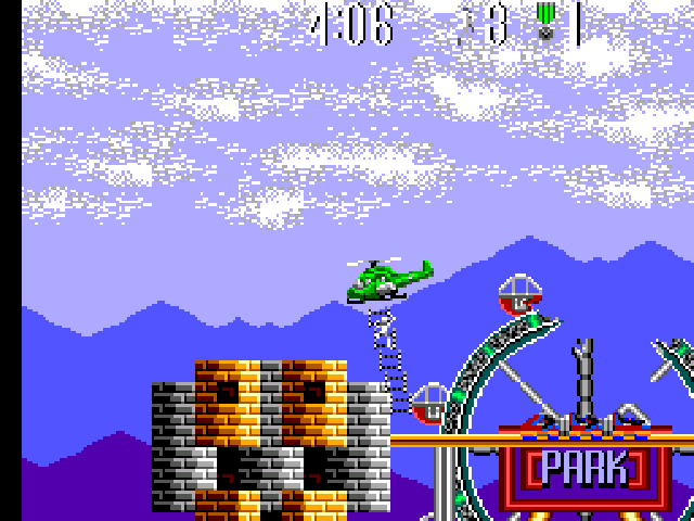 An 8-bit screenshot of Air Rescue with a helicopter lifting a man off a broken ferris wheel view rope ladder.