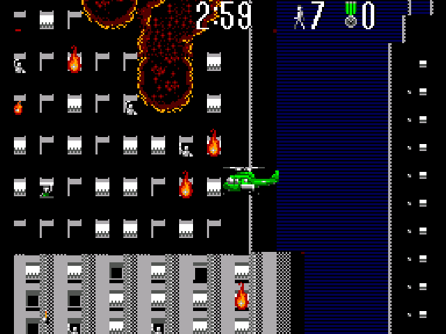 An 8-bit screenshot of Air Rescue showing a helicopter alongside a burning building, with stranded people waving to be rescued out the window.