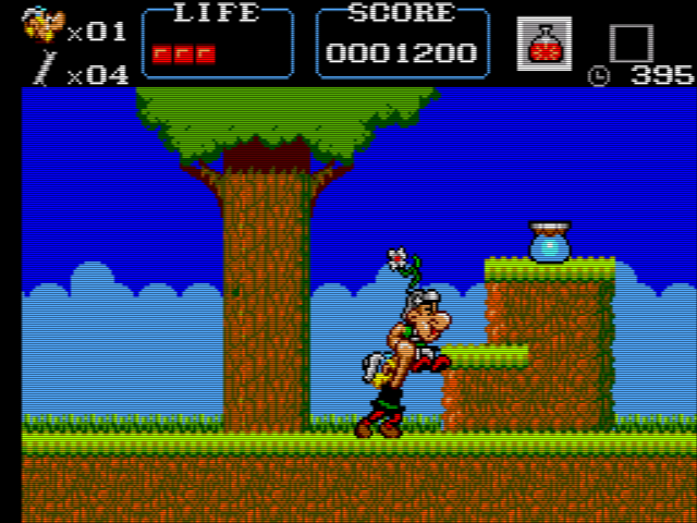A screenshot of a side-scrolling platformer, showing the hero Asterix punching a Roman in the face. A filter is applied to the emulator to give an old TV look.
