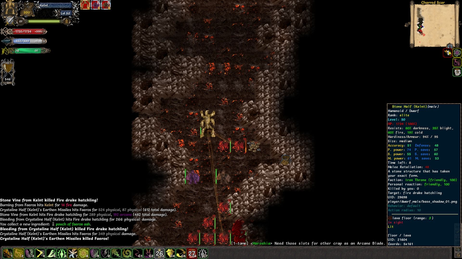 A screenshot of the game Tales Of Maj'Eyal. It's a classic roguelike RPG (turn-based on a tiled grid), but it has an MMO-style action bar at the bottom. In the screen shot, the player character faces off again multiple dragons.